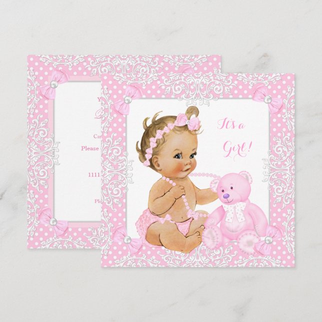Söt bebisflicka för baby shower med spets rosa bjö inbjudningar (Fram/baksida)