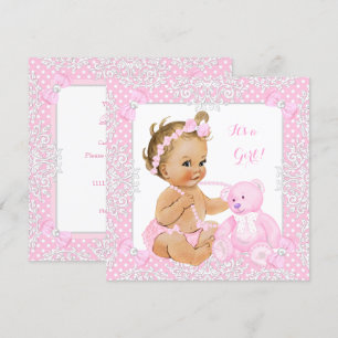 Söt bebisflicka för baby shower med spets rosa bjö inbjudningar