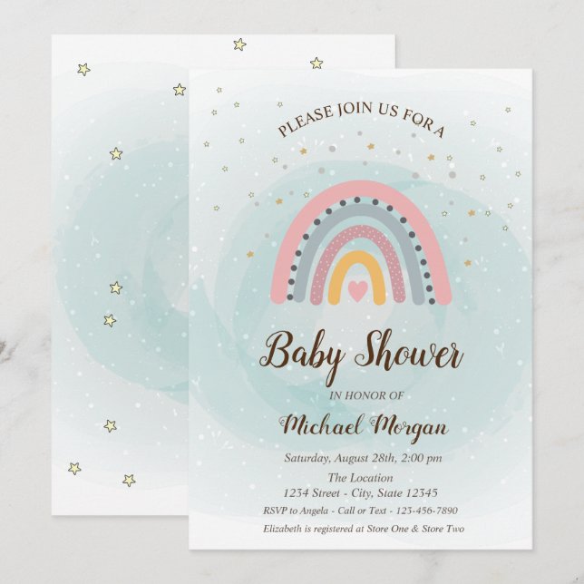 Söt bedårande regnbåge stjärnor baby shower inbjudningar (Fram/baksida)