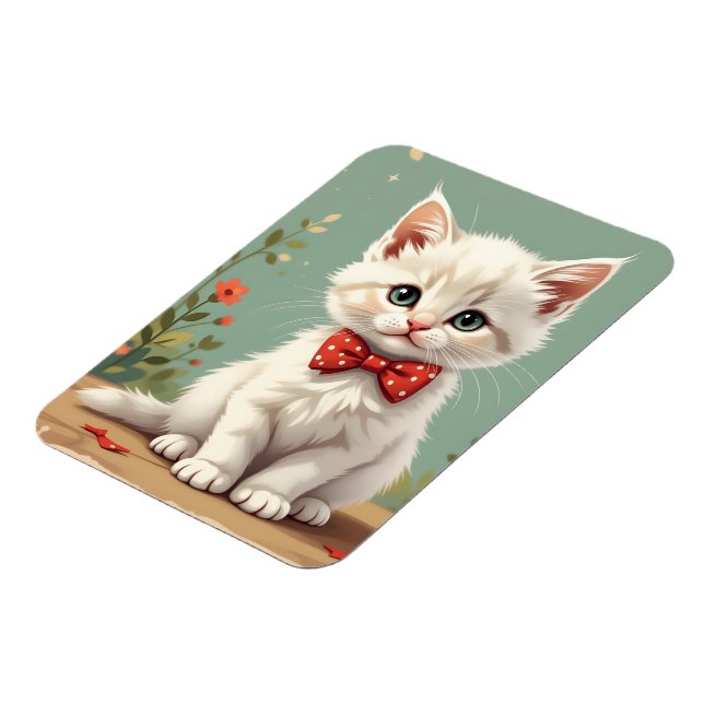 Söt bedårande vit katt med flugskjorta magnet (Vänstra Sidan)