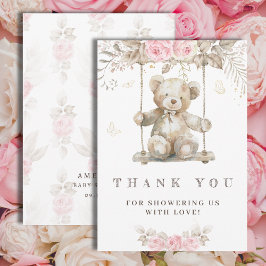 Söt Beige Akvarell Teddybjörn Rosa Flora Tack Kort