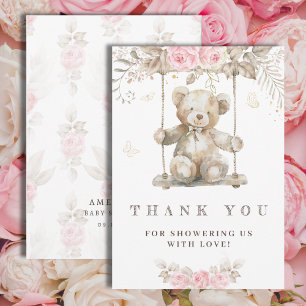 Söt Beige Akvarell Teddybjörn Rosa Flora Tack Kort