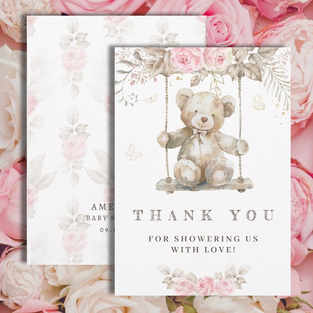 Söt Beige Akvarell Teddybjörn Rosa Flora Tack Kort (Skapare uppladdad)