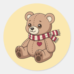 Söt beige teddybjörn med randig halsduk gul runt klistermärke
