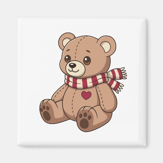 Söt beige teddybjörn med randig halsduk magnet (Framsidan)