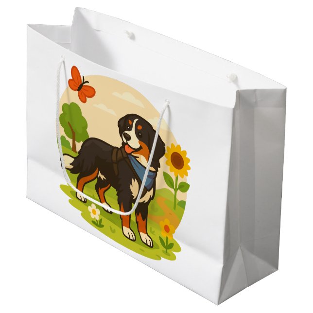 Söt Bernese Mountain Dog med solros och fjäril (Framsidan Vinklad)