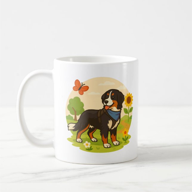 Söt Bernese Mountain Dog med solros och fjäril Kaffemugg (Vänster)
