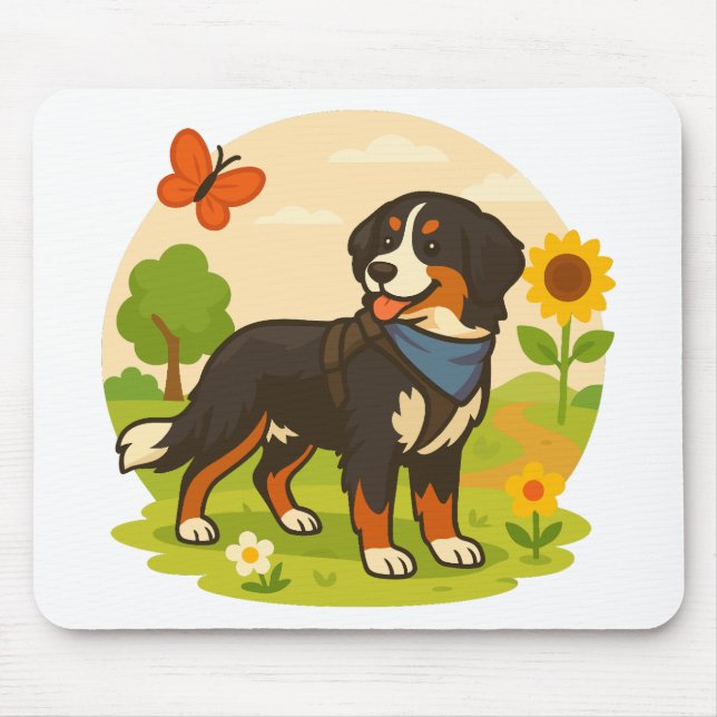 Söt Bernese Mountain Dog med solros och fjäril Musmatta (Framsidan)