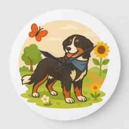 Söt Bernese Mountain Dog med solros och fjäril Stor Klocka