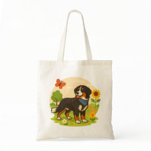 Söt Bernese Mountain Dog med solros och fjäril