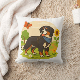 Söt Bernese Mountain Dog med solros & smörblomma Kudde