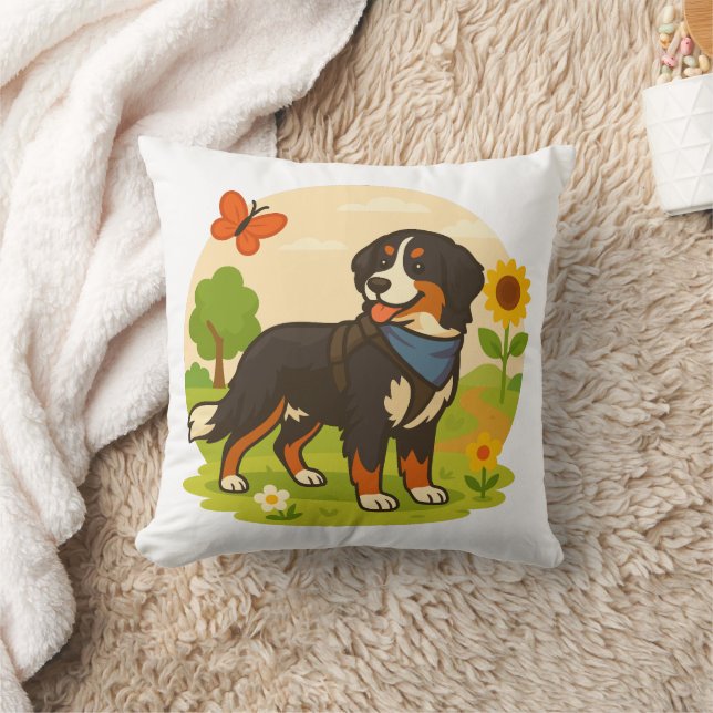 Söt Bernese Mountain Dog med solros & smörblomma Kudde (Filt)
