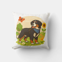 Söt Bernese Mountain Dog med solros & smörblomma Kudde