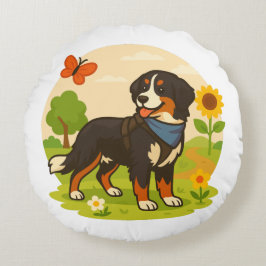 Söt Bernese Mountain Dog med solros & smörblomma Rund Kudde