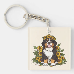 Söt Bernese Mountain Dog som bär solros krona