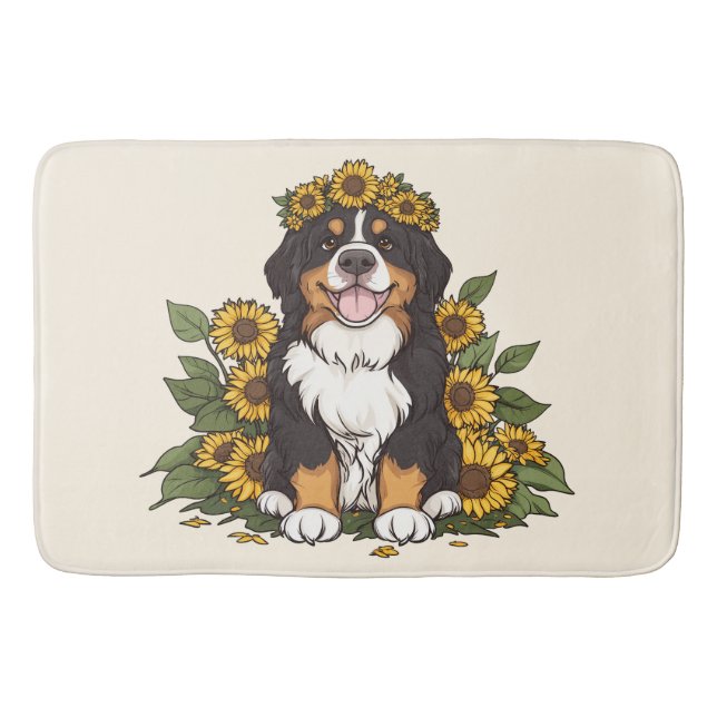 Söt Bernese Mountain Dog som bär solros krona Badrumsmatta (Framsidan)
