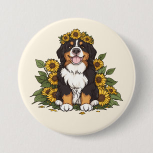 Söt Bernese Mountain Dog som bär solros krona Knapp