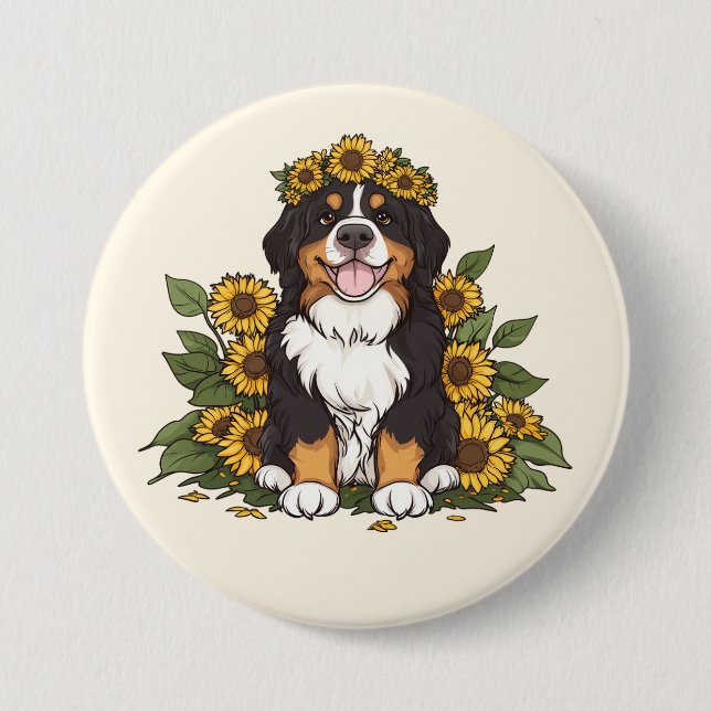 Söt Bernese Mountain Dog som bär solros krona Knapp (Framsida)