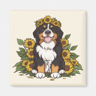 Söt Bernese Mountain Dog som bär solros krona Magnet