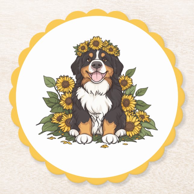 Söt Bernese Mountain Dog som bär solros krona Underlägg Papper (Framsida)