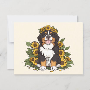 Söt Bernese Mountain Dog som bär solros krona Vykort
