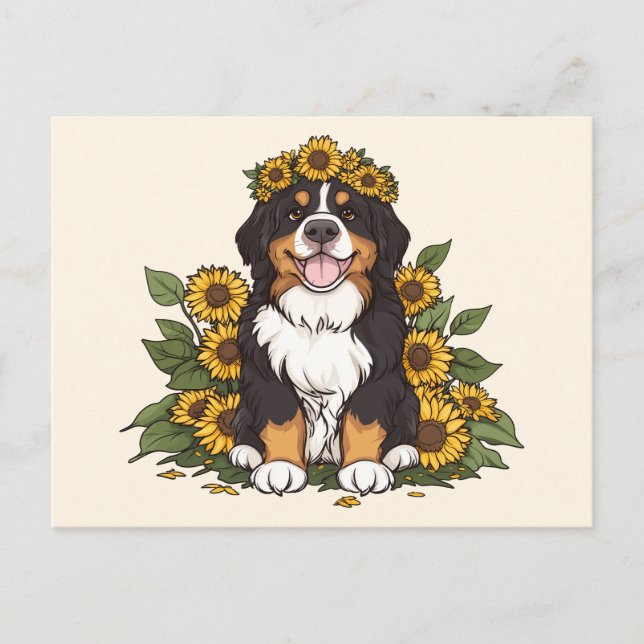 Söt Bernese Mountain Dog som bär solros krona Vykort (Framsida)
