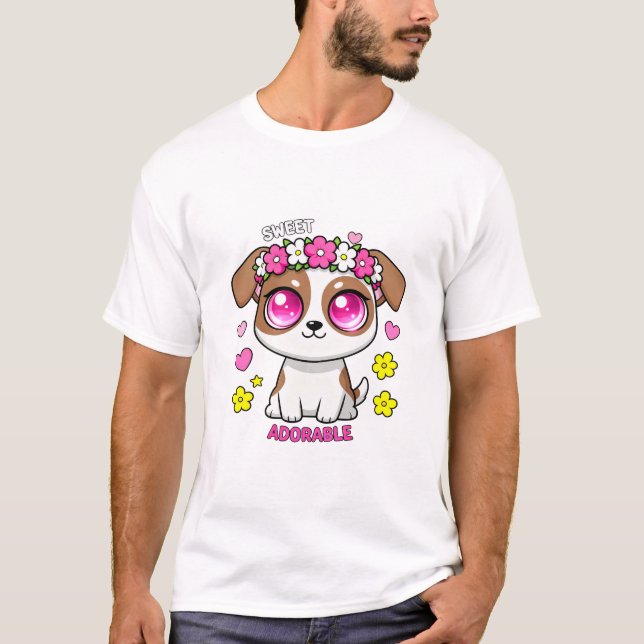 Söt beundransvärd valp med blomkrona  t shirt (Framsida)