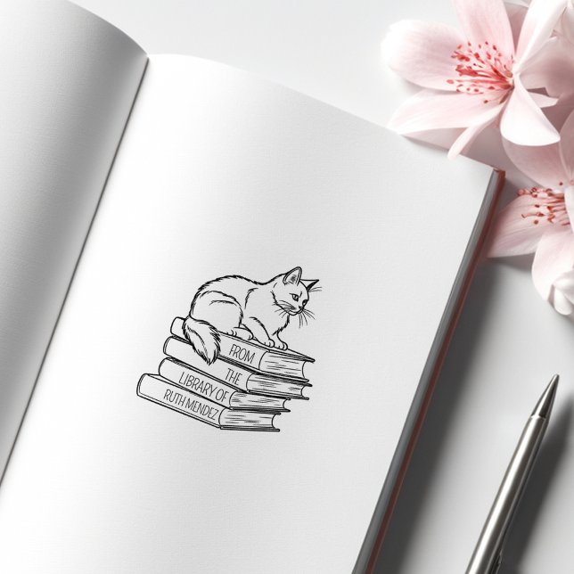 Söt bibliotekskatt, anpassad bokplansch  stämpel (Skapare uppladdad)