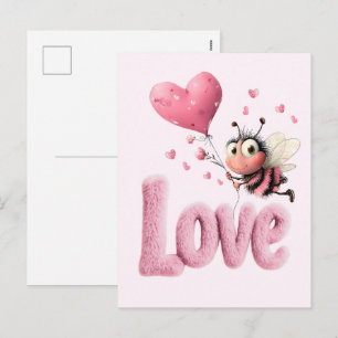 Söt Bie Fluffig Rosa Kärlek Hjärtan Ballong Design Helg Vykort