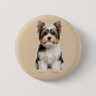 Söt Biewer Biewer Yorkie Valp Porträtt Rund Pin Knapp