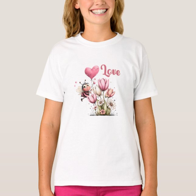 Söt Bihjärtas Ballong Vårblommor T Shirt (Framsida)