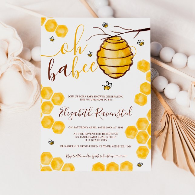 Söt bikupa bin vattenfärg baby shower inbjudningar (Yellow honeycomb beehive watercolor baby shower invitation)