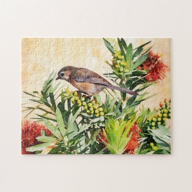 Söt Bird on Flower Bush Nature Art Puzzle Pussel (Horisontell)