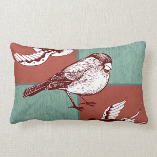 Söt Birds Sparrows Red Blue Färg Block Design Lumbarkudde