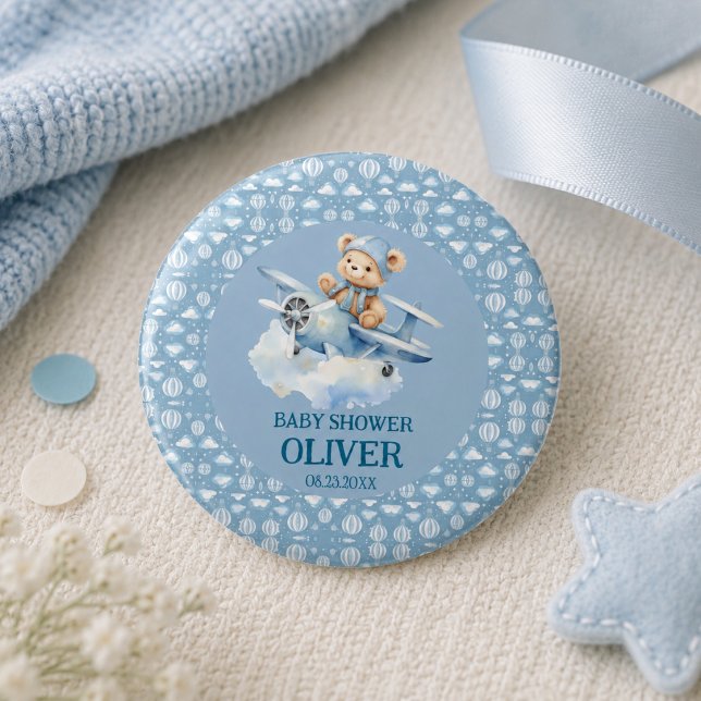 Söt Björn Blå Plan Tid Flyger Ett 1-års Födelsedag Knapp (Cute Bear Blue Plane Time Flies One 1st Birthday Button)