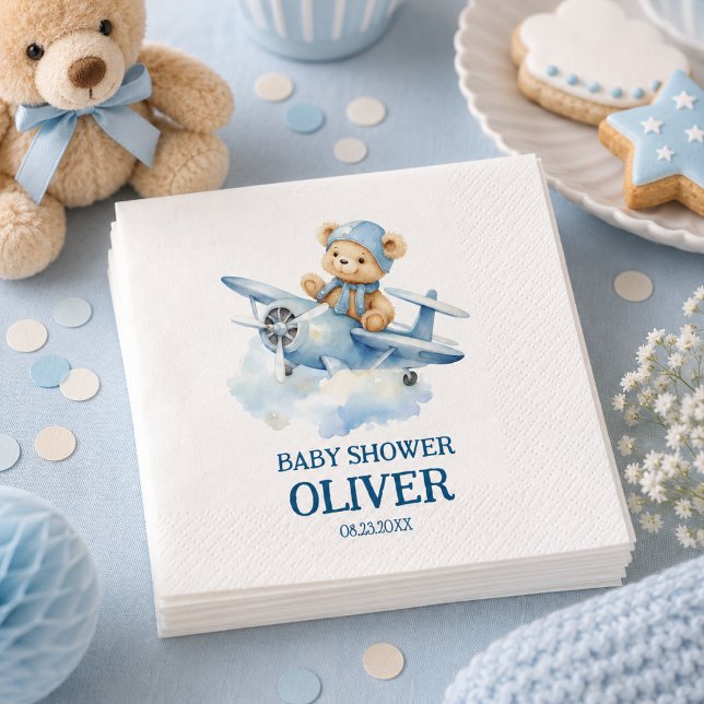 Söt Björn Blå Plan Tid Flyger Ett 1-års Födelsedag Pappersservett (Cute Bear Blue Plane Time Flies One 1st Birthday Napkins)