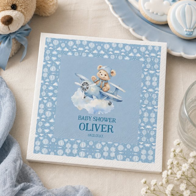Söt Björn Blå Plan Tid Flyger Ett 1-års Födelsedag Pappersservett (Cute Bear Blue Plane Time Flies One 1st Birthday Napkins)