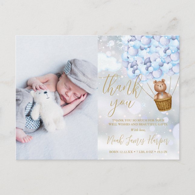Söt Björn Blå Tack Vinter Baby Foto Födelse Meddelande Vykort (Framsida)