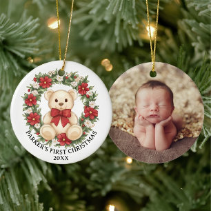 Söt björn blomsterkrans Baby första jul Julgransprydnad Keramik