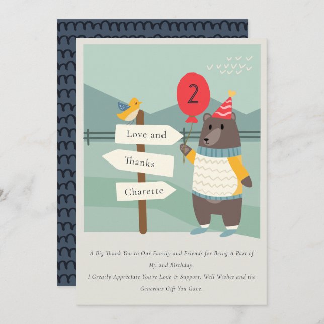 Söt björn fågel milstolpe berg alla åldrar födelse tack kort (Fram/baksida)