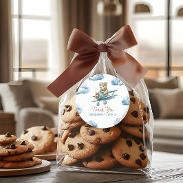 Söt Björn Flygplan Blå Pojke Baby Shower Tack Runt Klistermärke