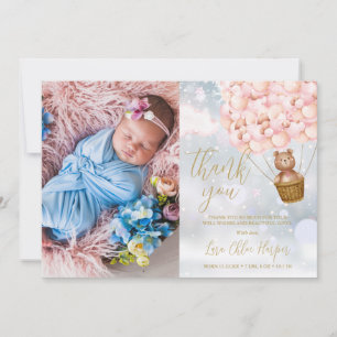 Söt björn med rosa ballonger vinter baby foto tack kort