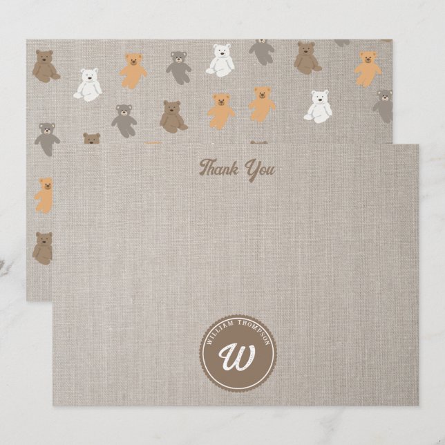 Söt Björn Mönster Initialer Monogram Tack Kort (Fram/baksida)