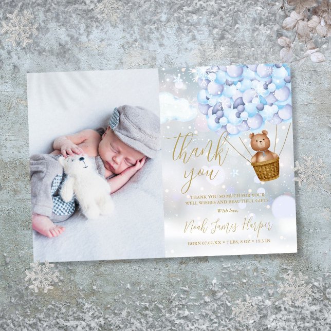Söt björn och blå ballonger vinter barn foto tack kort (Cute Bear And Blue Balloons Winter Baby Photo Thank You Card)