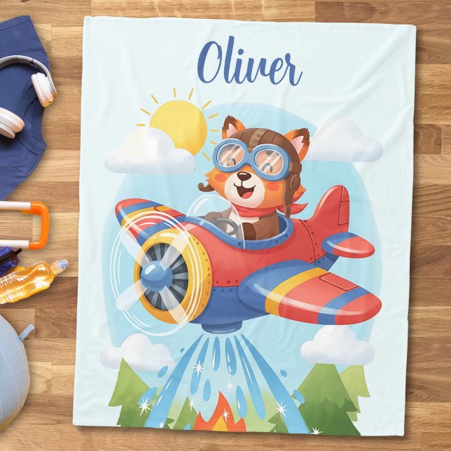 Söt björn pilot i brandbekämpande flygplan fleecefilt (Skapare uppladdad)