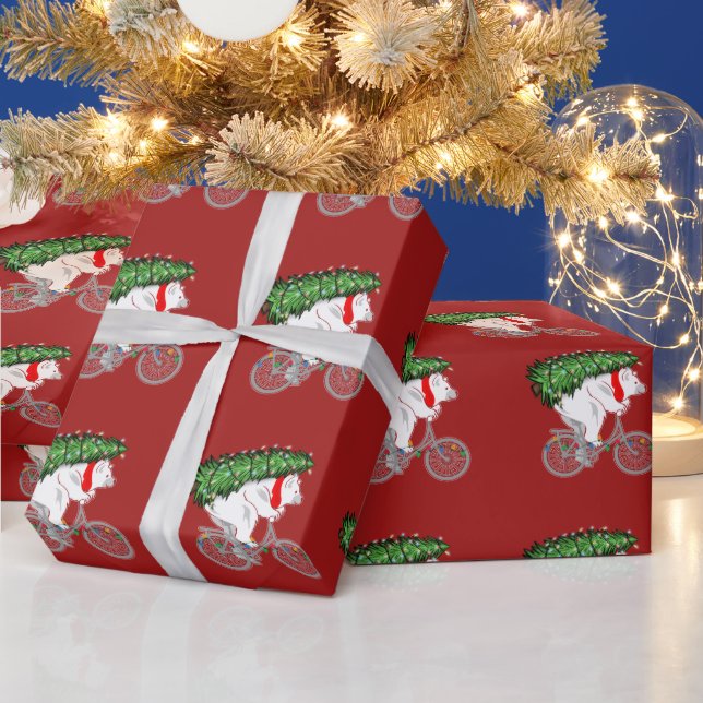 Söt björn som bär julgran present till cyklist presentpapper (Helgdagar)