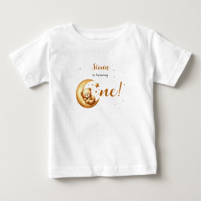 Söt björn som sover på månen 1-årsdag t shirt (Framsida)