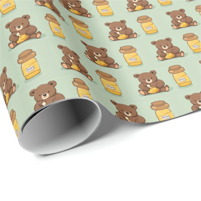 Söt björnunge som äter honung presentpapper (Rullad Hörn)