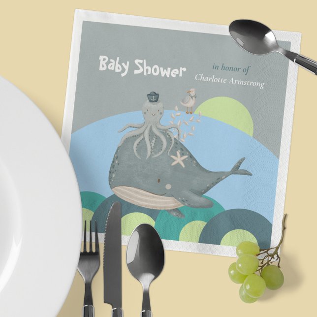 Söt Blå Akvarell Marin Val Bebisens Första Dag Fir Pappersservett (Sweet Blue Watercolor Nautical Whale Baby Shower Napkins ©Susanne Sachers - Sunny Mind Design 🌞)