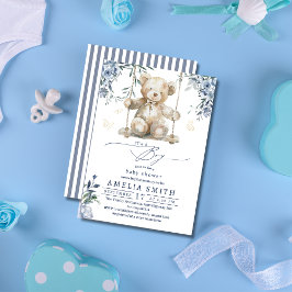 Söt Blå Akvarell Teddypojke Baby Shower Inbjudningar
